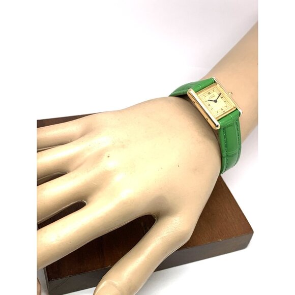Cartier Must de Tank Women's Watch 366001 Swiss Quartz Gold Green Leather 21mm - Picture 3 of 12